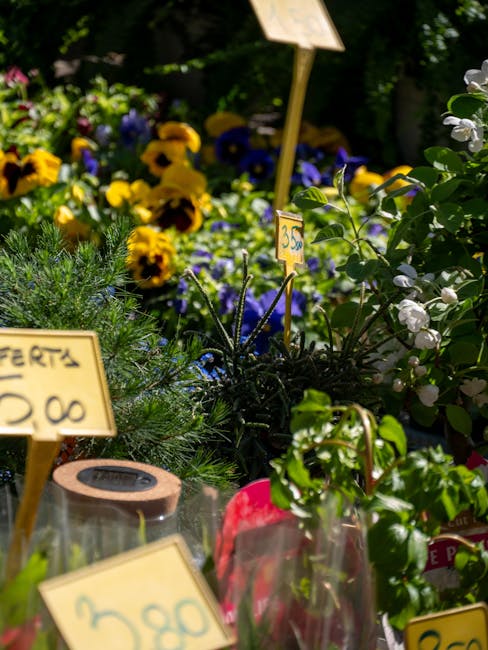 A vibrant display of fresh flowers featuring yellow and purple pansies, white flowering shrubs, and various green foliage arranged in a local flower market setting. The flowers are densely packed, wit