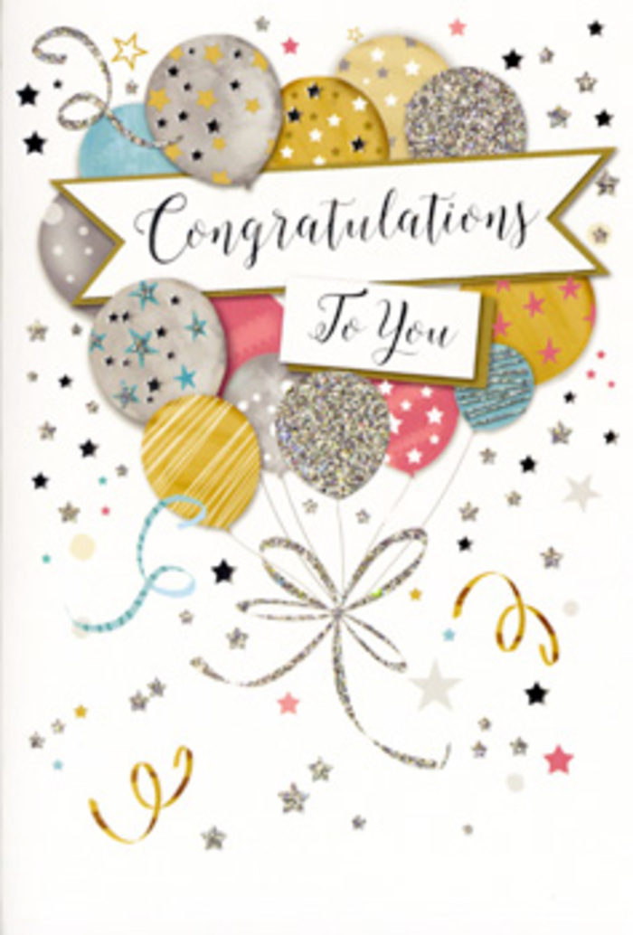 In this image, a refined congratulations card is displayed, its design evoking a gentle, joyful celebration. At the centre, a cluster of airily floating balloons rises towards the top, each one rendered in soft, luminous tones of metallic gold and silver, champagne beige, light blue, dusty pink, and soft grey. The balloons are decorated with delicate visual textures-tiny scattered stars, shimmering flecks of glitter, and slim, curving stripes-that give the artwork a sense of depth, as though the surfaces might feel slightly embossed. From the base of each balloon, fine strings in gold and silver trail downwards and converge in a loose but elegant knot, much like the carefully tied ribbons that finish a celebratory bouquet prepared for delivery through Stamford Hill's residential streets and local shops. Cutting horizontally across the centre of the card, a light banner stretches from side to side, bearing the phrase "Congratulations To You" in sweeping cursive calligraphy. The lettering glows subtly with a metallic accent, adding a touch of glamour without overpowering the overall softness of the colours. Around this main motif, the background is dotted with small metallic stars, curling ribbon shapes, and confetti-like spots, suggesting the lively atmosphere of a party, perhaps after a gathering near Clapton Common or in one of the area's family homes. The mood is one of polished, heartfelt celebration-less noisy, more quietly radiant. The card looks ideal for pairing with a bouquet or arrangement from a local florist, serving as a graceful companion piece to mark exam results, new roles, or other proud moments across the Stamford Hill community.
