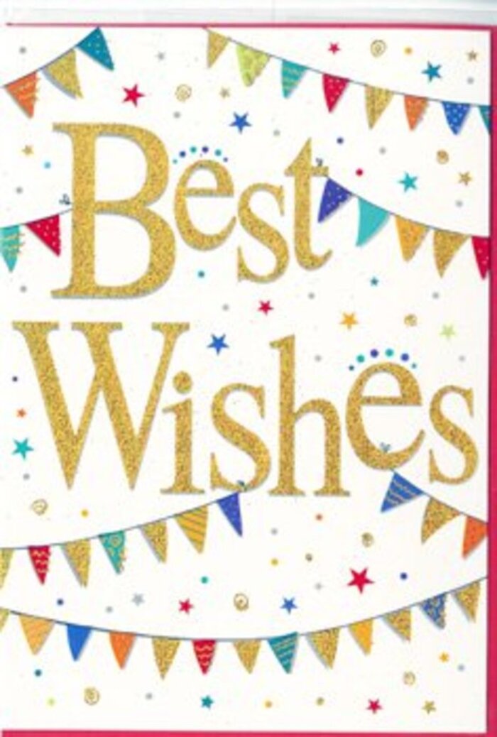 In this image, the "Best Wishes" card feels like a gentle burst of celebration carefully arranged on crisp white card, much like a thoughtfully composed bouquet ready to leave a Stamford Hill florist. At the centre, the phrase "Best Wishes" is written in sweeping, cursive gold foil that glows with a subtle, luxurious shine. The letters are delicately embossed, giving them a raised texture that suggests a touch of craftsmanship, reminiscent of ribbon work on a hand-tied arrangement. The gold's warm tone contrasts beautifully with the white background, drawing the eye instantly to the message. Above and below this central script, elegant strings of bunting arc across the card. Each small triangular pennant is filled with cheerful colour-bright blues, warm reds, fresh greens, sunshine yellows, and hints of purple-decorated with patterns ranging from tiny dots to fine stripes and small geometric tessellations. Together they create the impression of streets around Stamford Hill dressed up for a festive occasion, perhaps a community gathering or family party. Around the bunting and lettering, tiny star shapes and confetti-like dots in coordinating colours are sprinkled through the remaining space, adding a feeling of gentle movement and whimsy, as though they've been caught mid-fall. The overall layout is balanced and uncluttered, with plenty of white space lending a modern, airy quality that keeps the design from feeling overwhelming. Emotionally, the card radiates optimism, pride, and affection, making it ideal for congratulating someone on a milestone-whether that's exam success, a new venture, or an important life change-anywhere across Stamford Hill, Clapton, or the surrounding neighbourhoods.