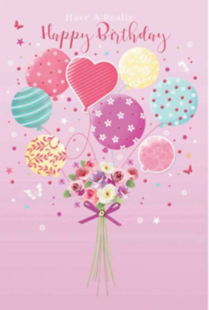 In this gentle birthday artwork, there is a feeling of quiet jubilation, as if a small garden from Stamford Hill has floated into the sky attached to a cluster of balloons. The background is a soft pink wash, smooth and even, providing a calm stage that lets every pastel hue glow. From the lower centre, a hand-tied bouquet of flowers takes shape, its stems gathered closely together. Petite roses and daisy-like blossoms mingle, their petals velvety and delicate, shaded from creamy ivory through blush and rose to muted mauve. The blossoms appear freshly opened, as if picked moments ago from a garden near Springfield Park, carrying an imagined sweet, gentle fragrance. Tying the bouquet is a rich purple satin bow, its loops full and rounded, the light glancing off its surface to create a hint of sparkle. From this floral base, slender lines suggest stems or strings that rise upward to support a family of balloons. The balloons themselves are plump, glossy, and airy, tinted with pastel lemon, soft fuchsia, rosy pink, lavender, and mint green. Decorative patterns swirl around them: ribbons twist in spirals, polka dots scatter in playful clusters, and subtle floral shapes echo the bouquet below. A heart-shaped balloon nestles among the round ones, signalling affection and warmth. Around the main design, tiny butterflies and delicate star shapes drift, adding an almost storybook charm. The entire composition feels like a moment suspended in time, a birthday wish that has taken visual form and gently lifted above the lively streets and terraced houses of Stamford Hill.