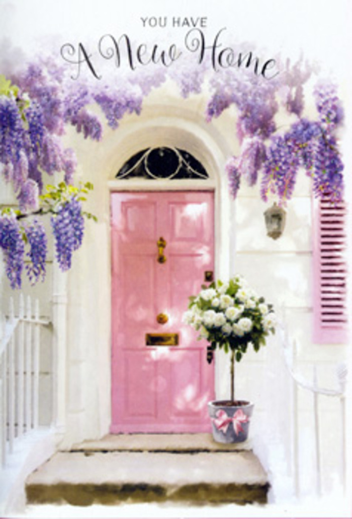 Against a backdrop that could easily echo the charming pockets of Stamford Hill's residential streets, this image presents a doorway transformed into a quiet celebration of arrival. The front door is painted a gentle blush pink, its satin finish reflecting the light in a low, delicate sheen. Surrounding it, whitewashed walls provide a clean canvas that enhances the pastel tones rather than competing with them. A single shutter, also in pale pink, is set neatly to one side, hinting at a window just beyond the frame and giving the scene a lived-in, homely feel reminiscent of hidden mews near the High Road or Springfield Park. Above the entrance, wisteria cascades in luxurious strands of lavender, lilac, and soft violet. The flower clusters hang low over the lintel, creating a natural curtain that nearly brushes the top of the door, while climbing stems snake upward, adding a sense of age and character to the façade. Light filters through the foliage in broken patches, painting subtle shadows on the step. At the base of this botanical frame, on the doorstep itself, rests a florist's bucket in muted grey metal, simple and unadorned except for the flowers it holds. The bucket is filled to the brim with creamy white roses, their petals thick and velvety, arranged so that some blooms face forward, others upwards, giving a sense of abundance and natural ease. Interspersed throughout are shoots of fresh green foliage that lend texture and freshness. Around the bucket, a pink satin ribbon is tied into a soft bow, echoing the door's hue and providing a final touch of gentle elegance. The atmosphere is one of thoughtful welcome, as if this arrangement has just been delivered to celebrate a new address in Stamford Hill, offering comfort, grace, and a fragrant blessing for the life that will unfold inside.