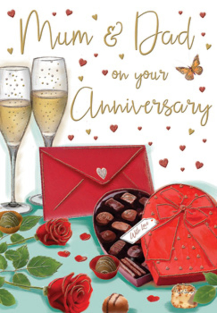 In this romantic anniversary card design, the scene is composed like a carefully arranged display you might spot in a boutique window off Stamford Hill, full of warmth and quiet celebration. At the heart, two tall champagne flutes rise gracefully, placed close enough that their outlines nearly touch. They are filled with sparkling champagne in a soft golden hue, with delicate bubbles suspended as though caught mid-toast. Light plays along the curves of the glass, creating subtle reflections that add depth and intimacy. In front of the flutes sits an open heart-shaped chocolate box, its casing a rich crimson red, finished with a generously tied satin bow that drapes softly over the edge, suggesting a lovingly prepared gift. Inside, an assortment of chocolates is arranged in attentive rows; the artist has shaded each piece with highlights and shadows to convey smooth shells and tempting fillings. Just to the side, two sumptuous red roses lie on the tabletop, petals layered thickly, their velvety texture almost tangible. The roses are framed by fresh green foliage, reminiscent of the kind of premium blooms selected for same-day anniversary delivery around Stamford Hill, South Tottenham, and nearby neighbourhoods. The background glows with warm tones, scattered with tiny gold and crimson hearts that swirl around hand-lettered wording honouring "Mum & Dad," giving the composition a joyful and loving tone. A classic red envelope, sealed and angled, is placed near the chocolates, implying a heartfelt, handwritten message waiting to be read. Altogether, the illustration suggests the scent of fresh roses, the sweetness of chocolate, and the gentle clink of glasses, capturing the essence of a cherished anniversary evening at home.