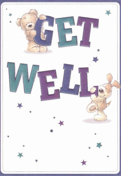 A sense of reassuring comfort flows from this delightful get well card, its friendly design echoing the nurturing spirit found in Stamford Hill's community. The artwork is animated by a lovable teddy bear, who gently grasps the top of the word 'GET,' while a cheerful puppy cozies up against the bold 'WELL.' Both characters, expertly drawn in rounded, approachable forms and luminous, expressive eyes, share a message of hopefulness that feels at home in the leafy streets around Stamford Hill. The text's striking hues of purple and teal lift from the soft, white backdrop, bringing thoughtful energy and vibrancy. Scattered twinkling stars in lilacs and blues evoke the magical feeling of good wishes carried on a gentle breeze along local parks such as Springfield Park. The illustrated textures are rich and inviting-the bear's plush fur and the puppy's velvety ears practically offering a tactile embrace, akin to the careful selection of each bloom in a recovery bouquet. This card emanates emotional warmth and optimism, a perfect companion for a thoughtfully arranged gift to lift someone's spirits in Stamford Hill, no matter their age.