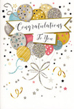 The card in the picture feels like a moment of pure congratulations captured in delicate artwork. A bouquet of balloons floats at the centre, their rounded shapes glowing softly in tones of metallic gold, silver, warm champagne, pastel blue, blush pink, and pale grey. Each balloon bears its own pattern-scatterings of tiny stars, faint glitter-like speckles, or slender, looping stripes-creating the impression of subtle, layered textures and an almost three-dimensional quality. Fine golden and silver strings trail from the balloons, curving gently downwards and gathering in a loose, decorative knot, similar to the way a skilled florist might tie the final ribbon on a celebratory bouquet ready for delivery around Stamford Hill and the nearby streets. Draped across the middle of the design, a gently curved banner holds the message "Congratulations To You" in elegant, flowing calligraphy, the letters highlighted with a hint of metallic shimmer that catches the light. The background is soft and understated, brought to life with scattered star shapes, curling ribbons, and confetti-like dots in matching metallic tones, suggesting the movement and laughter of a party that might carry on near the local cafés, parks, or terraced homes. The overall atmosphere is light, joyful, and slightly glamorous, making the card a fitting companion for life's proud milestones-whether celebrating exam success, a new job, or a special achievement. Visually, it has the same thoughtful balance and harmony you might find in a well-composed bouquet created for someone in the Stamford Hill community.