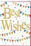 The "Best Wishes" card in this image captures the mood of a light-hearted celebration, the sort you might associate with family gatherings and happy news shared around Stamford Hill. Set against a pure white background, the focal point is the phrase "Best Wishes," written in stylish, looping gold script. The lettering is slightly raised, giving it a tactile feel and a soft metallic glow that catches the eye without overpowering the rest of the design. It has the quiet elegance of a ribbon threaded through a fresh bouquet. Framing the words are two sweeping garlands of bunting, one trailing from the upper corners and another rising from the lower edge. Each small triangular flag is alive with colour-rich blues, bright reds, zesty oranges, and clear greens-many adorned with petite stripes, dots, or geometric patterns that add texture and charm. These arcs of buntings evoke the look of streets around Stamford Hill trimmed for a festive occasion, perhaps reflecting the vibrant character of local markets and community events. Scattered around the bunting and golden lettering are tiny stars and circular confetti dots in harmonious colours, appearing as if they are gently drifting across the card rather than lying flat. This subtle scattering introduces a sense of motion, like the moment when confetti is tossed into the air at the peak of a celebration. The generous white space keeps the design clean and contemporary, ensuring the message remains clear. The overall impression is one of sincere joy and encouragement, perfect for accompanying flowers sent to congratulate someone on new beginnings, from first jobs to new homes, anywhere in and around the Stamford Hill area.