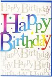 The image shows a lively birthday card whose design captures the spirit of a cheerful Stamford Hill celebration. Across the centre of the card, the greeting "Happy Birthday" is written in big, friendly letters that stretch confidently from side to side. Each letter is filled with a smooth blend of bold colours, shifting from strong reds and pinks into blues, greens, and warm yellows so that the phrase looks like a gentle rainbow banner, similar to bright party decorations you might see near Clapton Common on a sunny afternoon. The letters have a glossy, slightly raised finish, which makes them catch the light and feel almost touchable, inviting your fingertips to follow the curves. Behind this central message, the background is adorned with fine gold script, repeating "Happy Birthday to you" in neat, looping lines. The script feels delicate and graceful, giving the card a refined undercurrent beneath its playful colours. The golden ink glimmers softly rather than sparkling loudly, so it enhances the card without distracting from the main wording. The base tone of the card is a warm white, making the rainbow text and gold lettering clearly legible and pleasantly balanced. Small stars and dots of colour are sprinkled throughout the design like scattered confetti, adding a gentle sense of movement and fun. The overall look is vibrant, warm, and thoughtfully arranged, just like a well-balanced bouquet from a local Stamford Hill florist-ideal for handing to someone you care about, alongside flowers, to mark their birthday with colour, warmth, and a touch of elegance.
