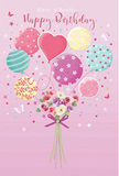 This birthday illustration creates the impression of a light, whimsical celebration floating above Stamford Hill, carried by balloons, blossoms, and soft colour. The backdrop is a smooth blush-pink field, gentle and even, wrapping the scene in warmth. From the bottom centre, a compact hand-tied bouquet emerges, filled with delicate roses and anemone-like flowers in creamy ivory, blush pink, and soft mauve. The petals are layered and slightly ruffled, with careful shading that suggests real, velvety texture, as if you could reach out and feel their softness. A violet satin bow cinches the stems, its surface shining softly where the light touches, giving the arrangement a polished, gift-ready feel. Rising from this floral base is a cluster of balloons in pastel tones of sea green, rose, lemon yellow, lilac, and white. Their rounded, glossy forms reflect light, making them appear buoyant and weightless, as though drifting in a gentle breeze that could travel from Stoke Newington to Stamford Hill. Each balloon has its own personality: some are wrapped in candy-coloured stripes that twist gracefully; others are scattered with playful polka dots; and near the centre, a heart-shaped balloon glows with affectionate warmth. Fine lines hint at strings or stems connecting the balloons to the bouquet, uniting them into one joyful birthday display. Around them, tiny stars and fluttering butterflies add a touch of magic, like confetti caught midair. The overall mood is airy, sweet, and festive, capturing the feeling of a carefully chosen birthday surprise waiting to delight someone in Stamford Hill.